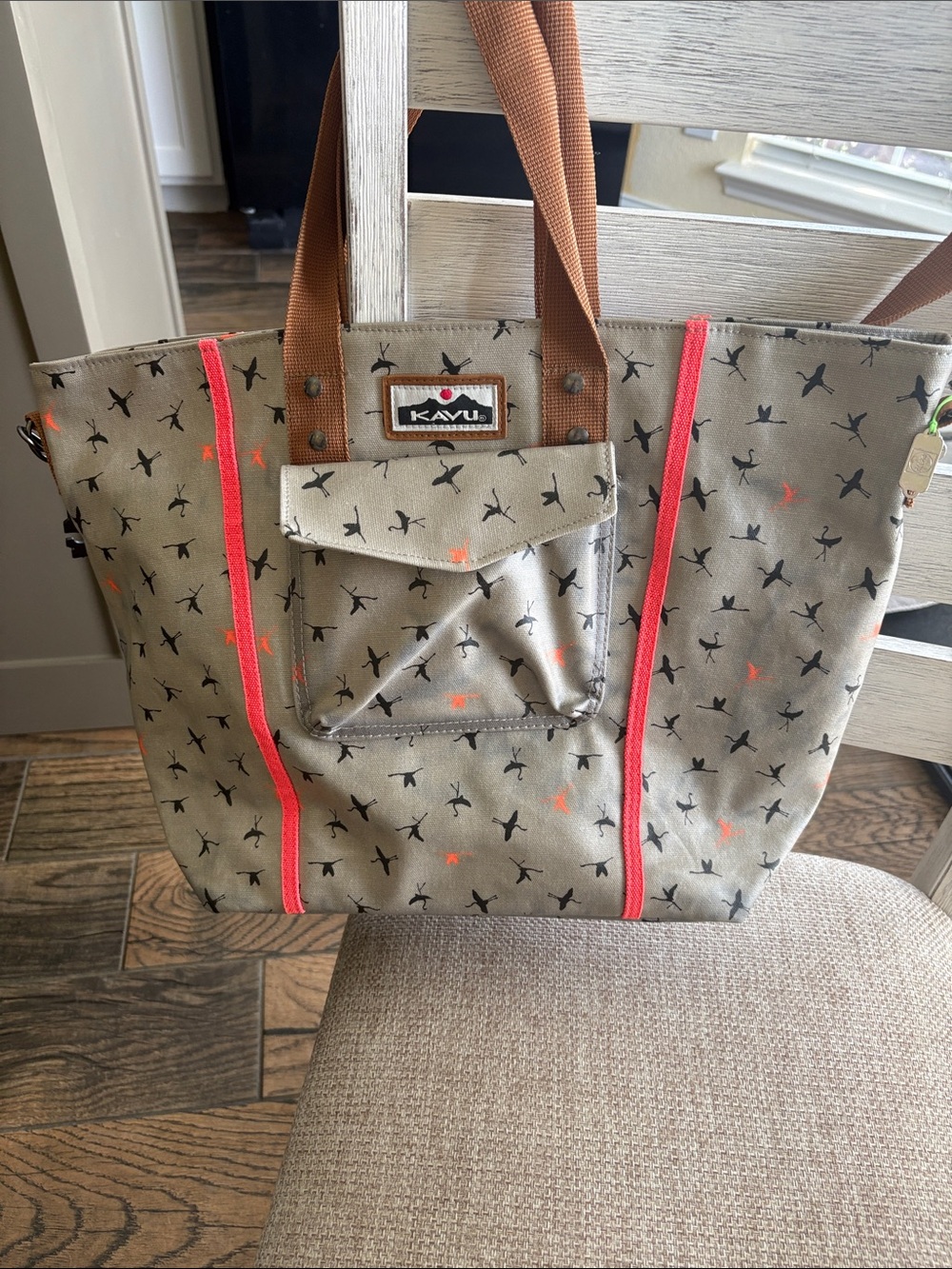 Kavu Tote Bag in Tan with Brown Straps and Coral Accents
